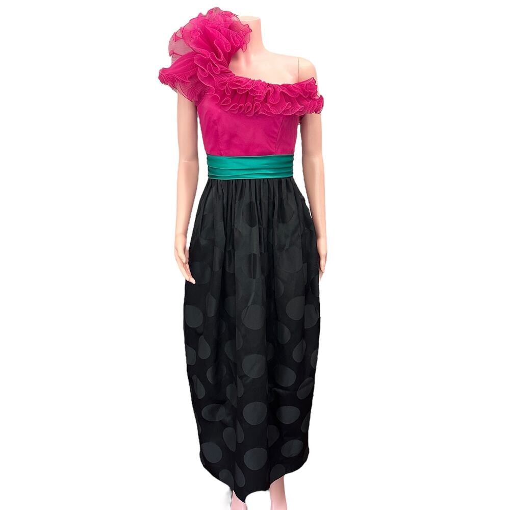 Vintage Robbe Zanca Formal Dress Small Off-Shoulder Ruffle Pink Black Party Gown